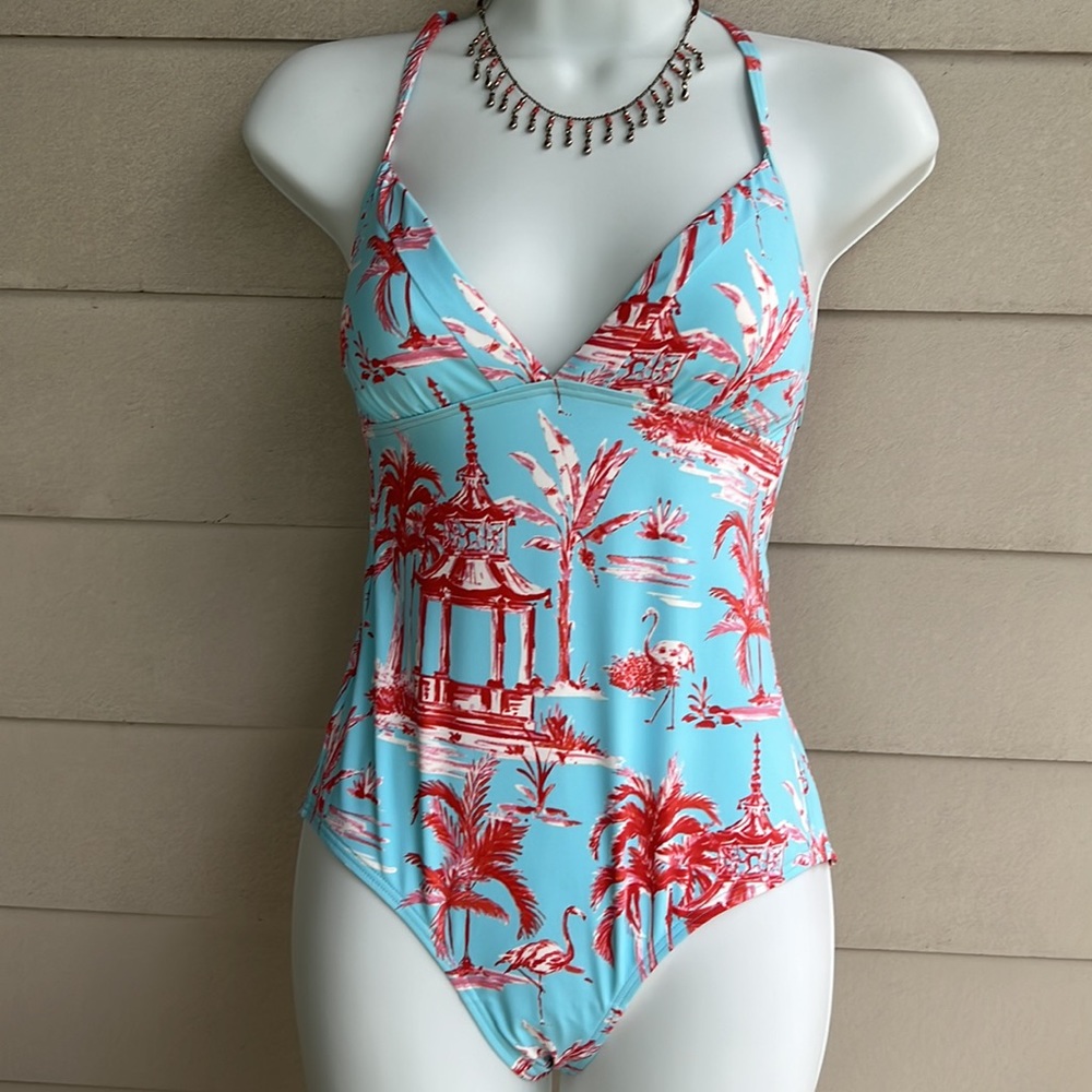 J. McLaughlin Palmer swimsuit pretty light blue “Parisian pergola” print